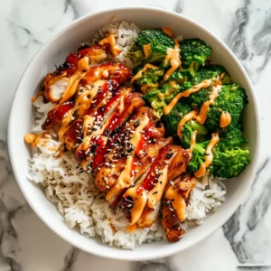 Sticky Chicken Rice Bowl Recipe: Close-up of glazed chicken over rice.
