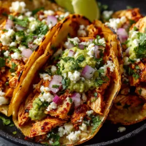 Zesty lime chicken street tacos recipe featured image showcasing delicious tacos with cilantro, onions, and lime wedges.
