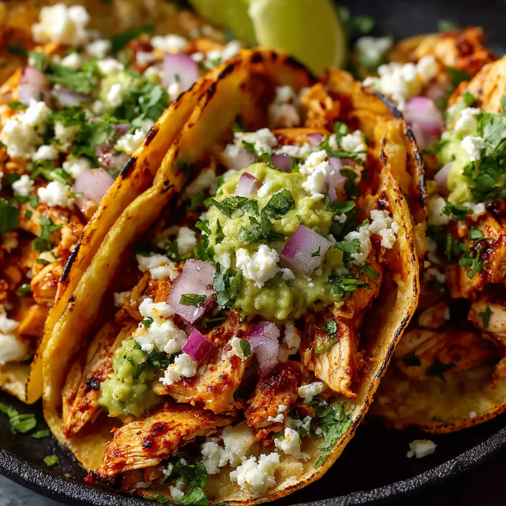 Zesty lime chicken street tacos recipe featured image showcasing delicious tacos with cilantro, onions, and lime wedges.