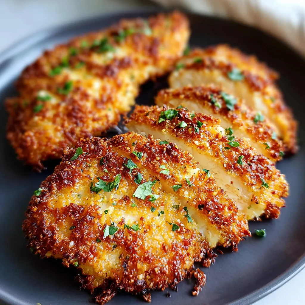 Close-up view of golden and crispy Air Fryer Parmesan Crusted Chicken fresh out of the air fryer.