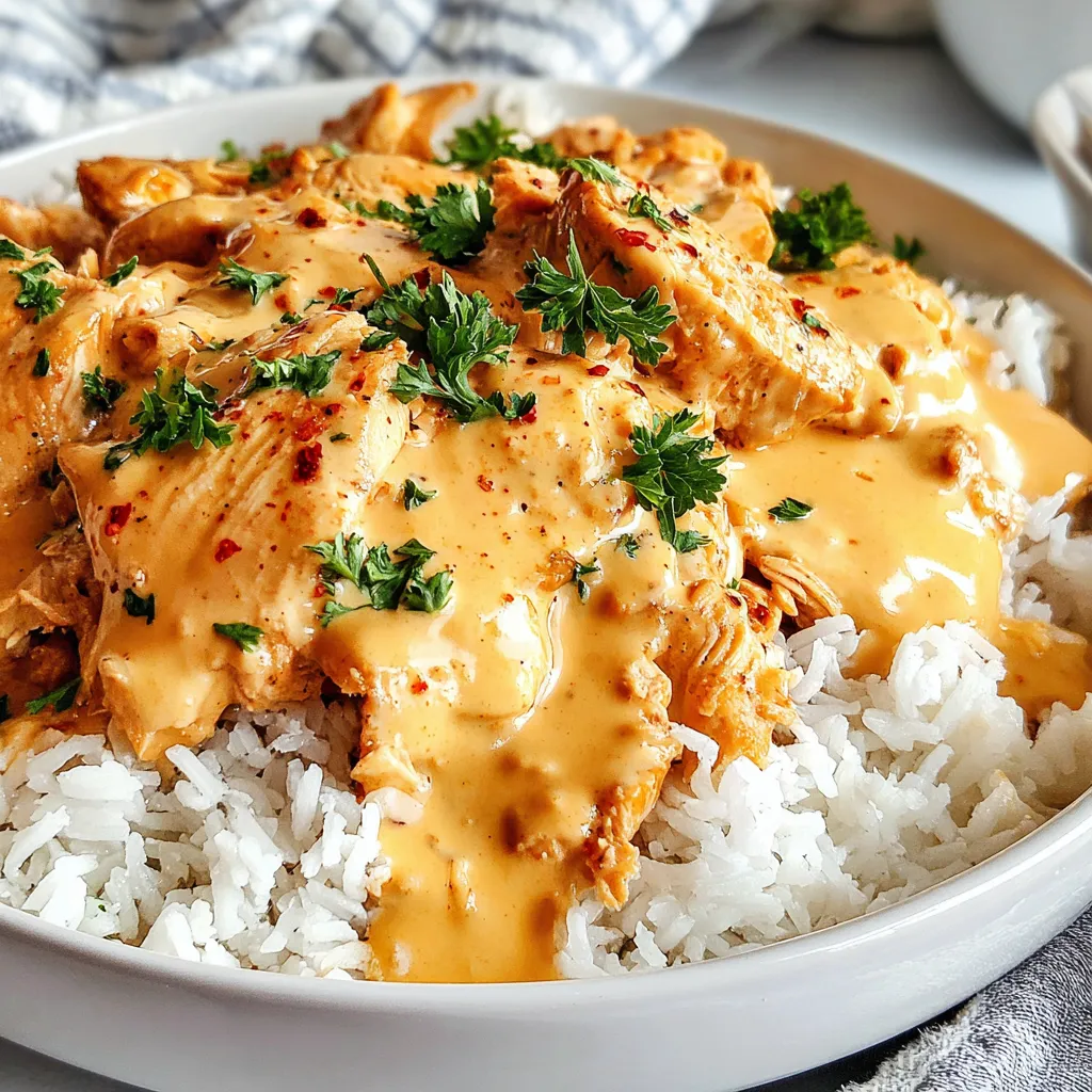 Creamy Smothered Chicken And Rice is shown in a close-up image, highlighting the dish's creamy sauce and tender chicken.