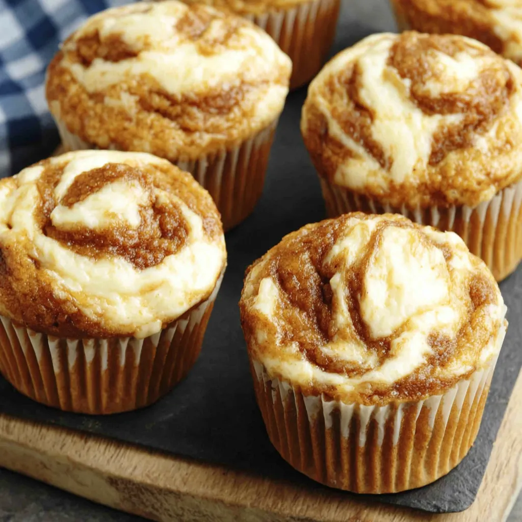 Close-up showcasing the swirl of cream cheese in freshly baked Pumpkin Cream Cheese Swirl Muffins.