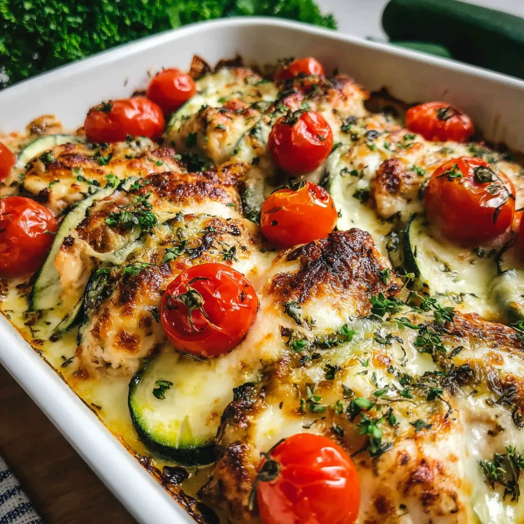 Close-up of the delicious Baked Mediterranean Chicken with Zucchini - A Flavor Delight, showcasing its tender chicken and vibrant zucchini.