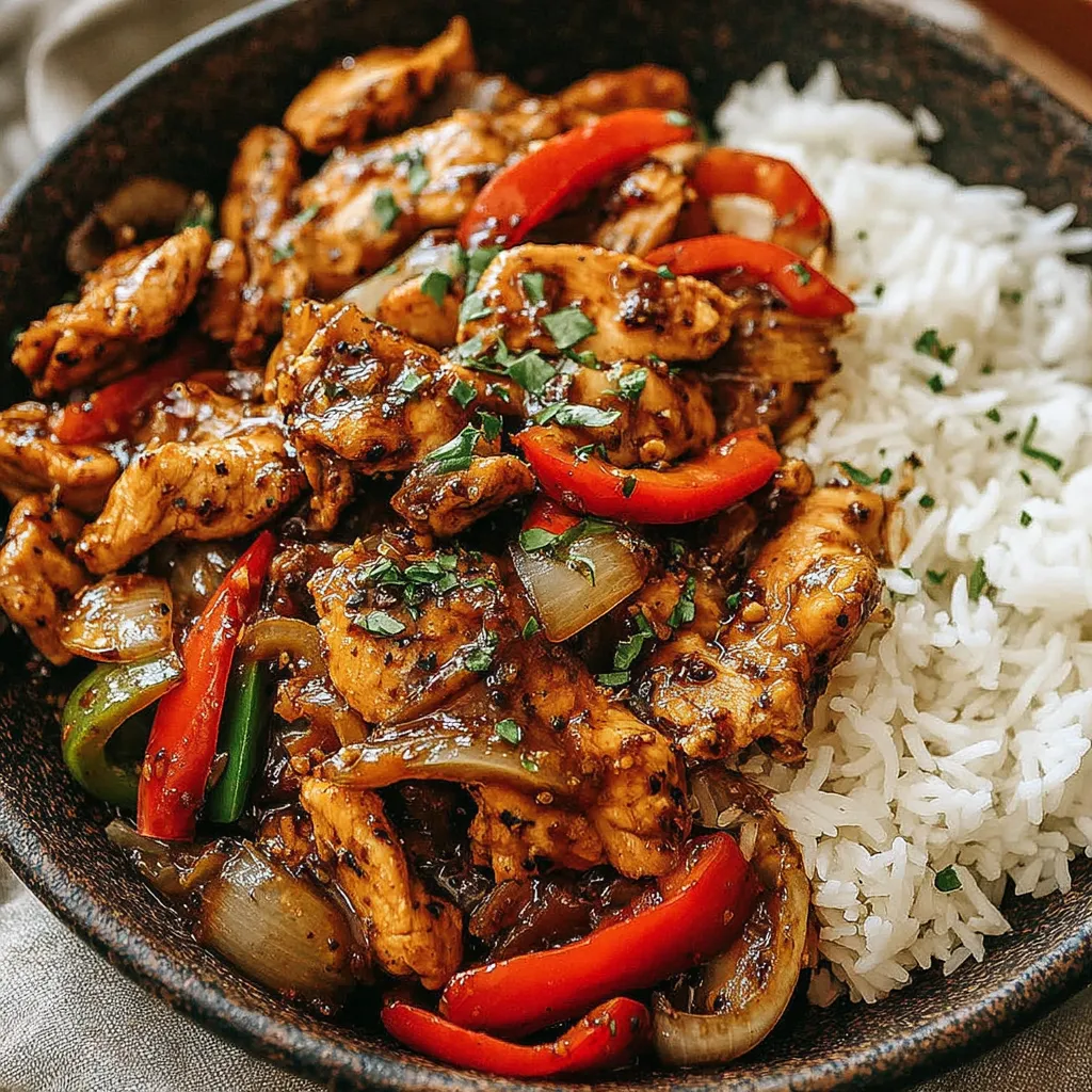 A close-up shot showcasing the delicious, glistening Black Pepper Chicken, ready to be served.