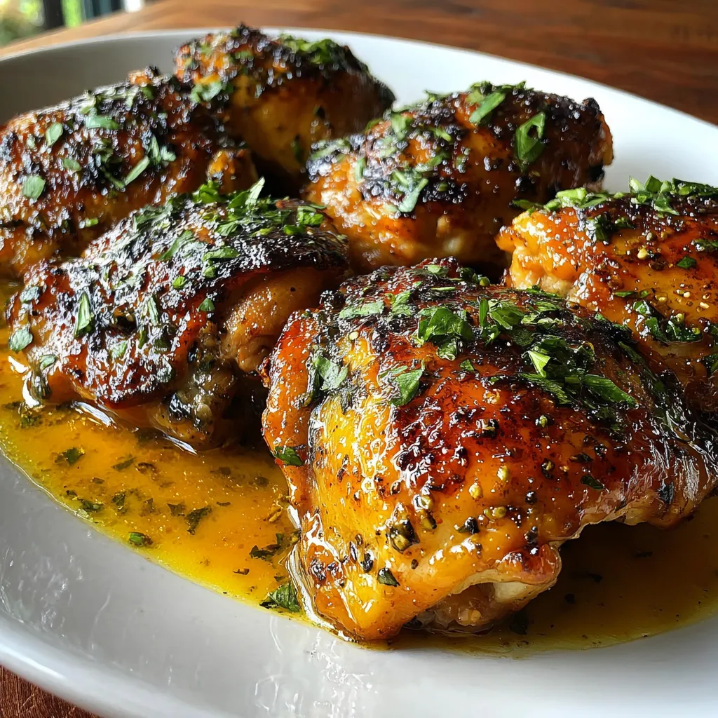 Close-up of perfectly cooked Bobby Flay Chicken Thighs, showcasing their crispy skin and juicy interior.