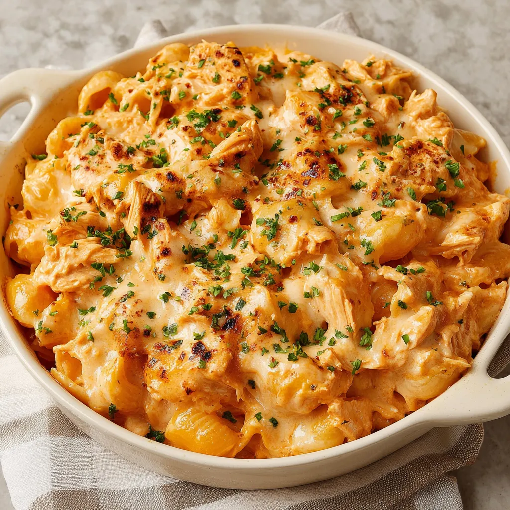 Close-up of creamy Buffalo Chicken Mac ready to be enjoyed.