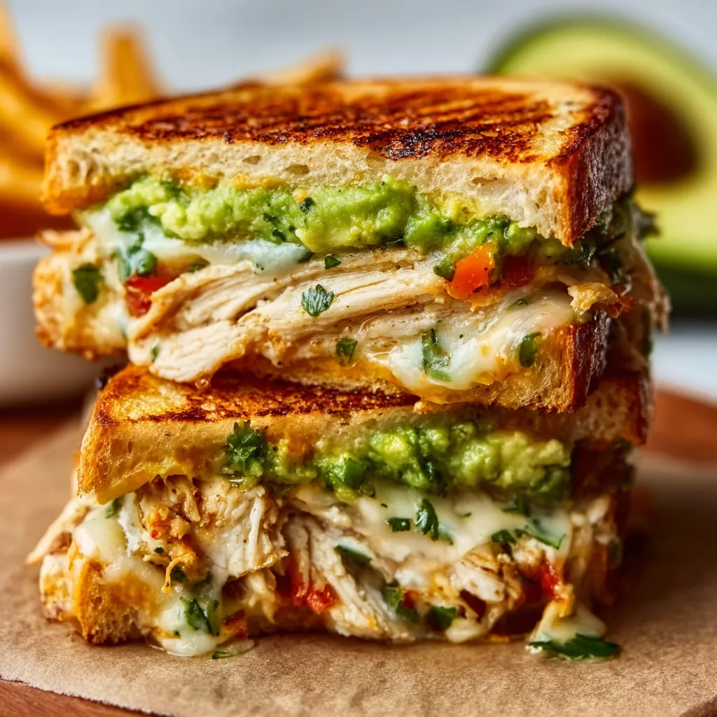 A close-up view showcases a delicious Chicken Avocado Melt Sandwich, oozing with melted cheese and creamy avocado.
