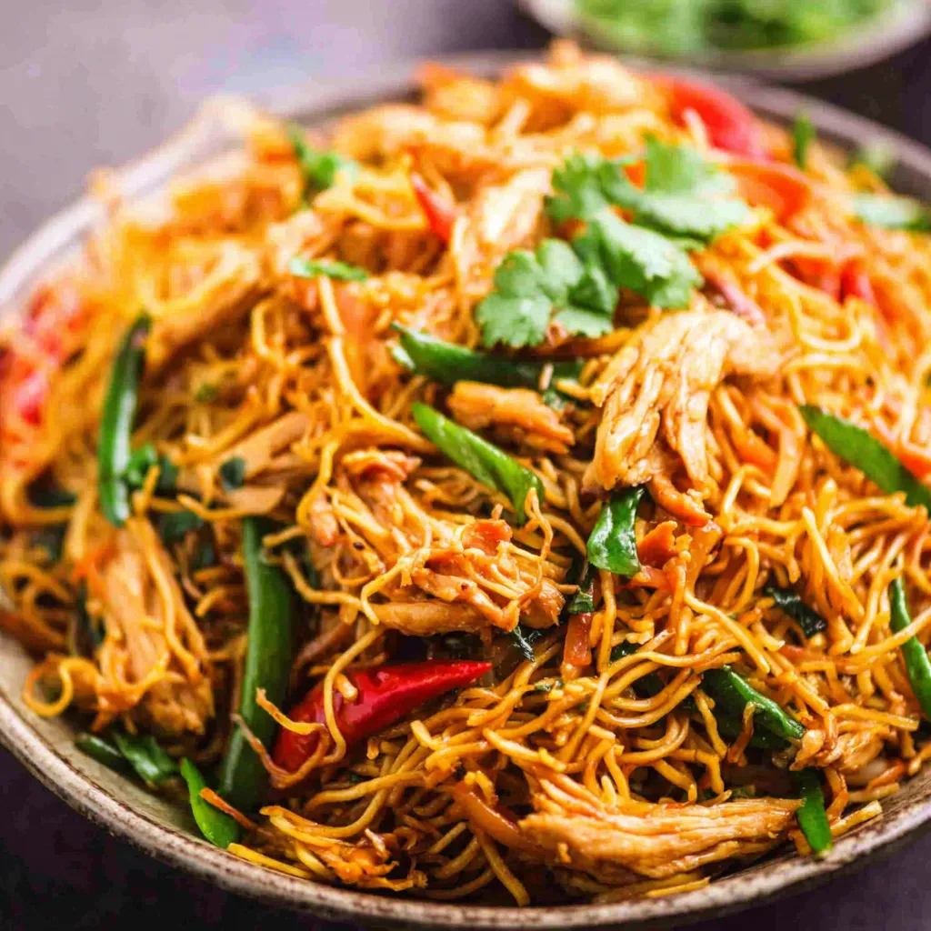 Chicken Chow Mein Closeup Dish A close-up shot of delicious Chicken Chow Mein noodles with chicken and vegetables, ready to eat.