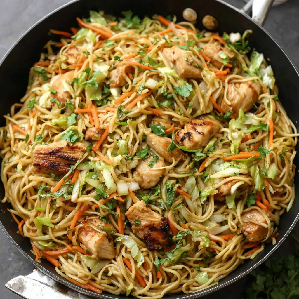 Close-up of freshly prepared Chicken Chow Mein with crispy noodles and colorful vegetables.