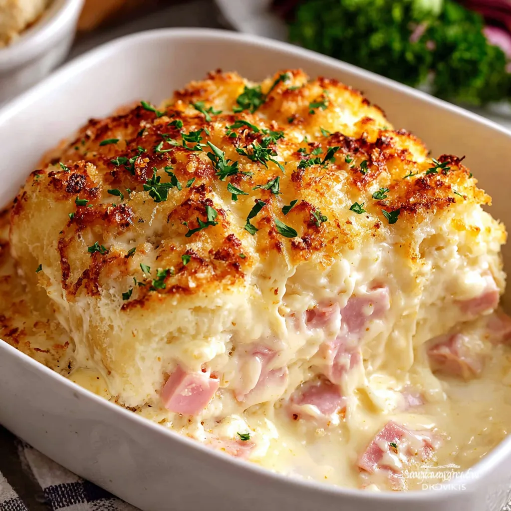 A close-up shows a freshly baked Chicken Cordon Bleu Casserole, highlighting its golden-brown topping and creamy interior.