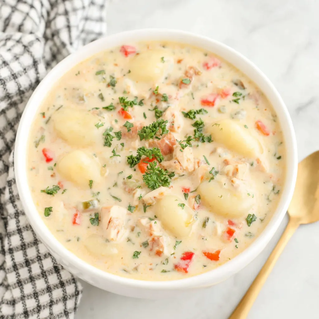 A close-up shot showcasing the creamy texture and delicious ingredients of homemade Chicken Gnocchi Soup.