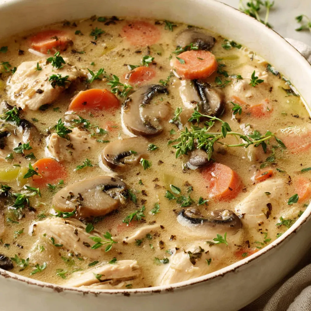 Creamy Chicken Mushroom Soup Bowl A comforting bowl of homemade Chicken Mushroom Soup is shown, ready to be enjoyed.