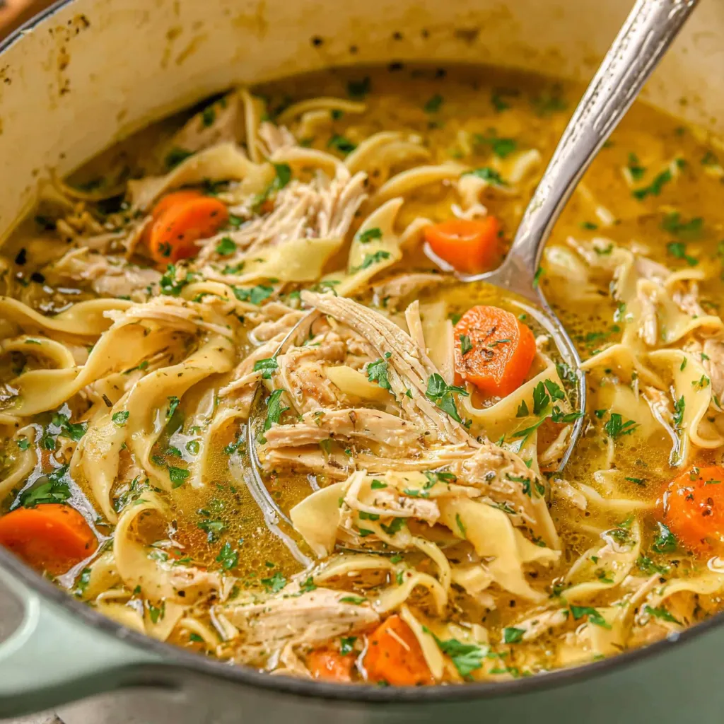 Close-up of a comforting bowl of Chicken Noodle Soup, perfect for a chilly day.
