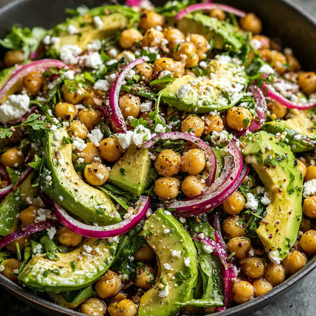 Close-up view of a vibrant Chickpea Feta Avocado Salad, showcasing the creamy avocado, salty feta, and hearty chickpeas.