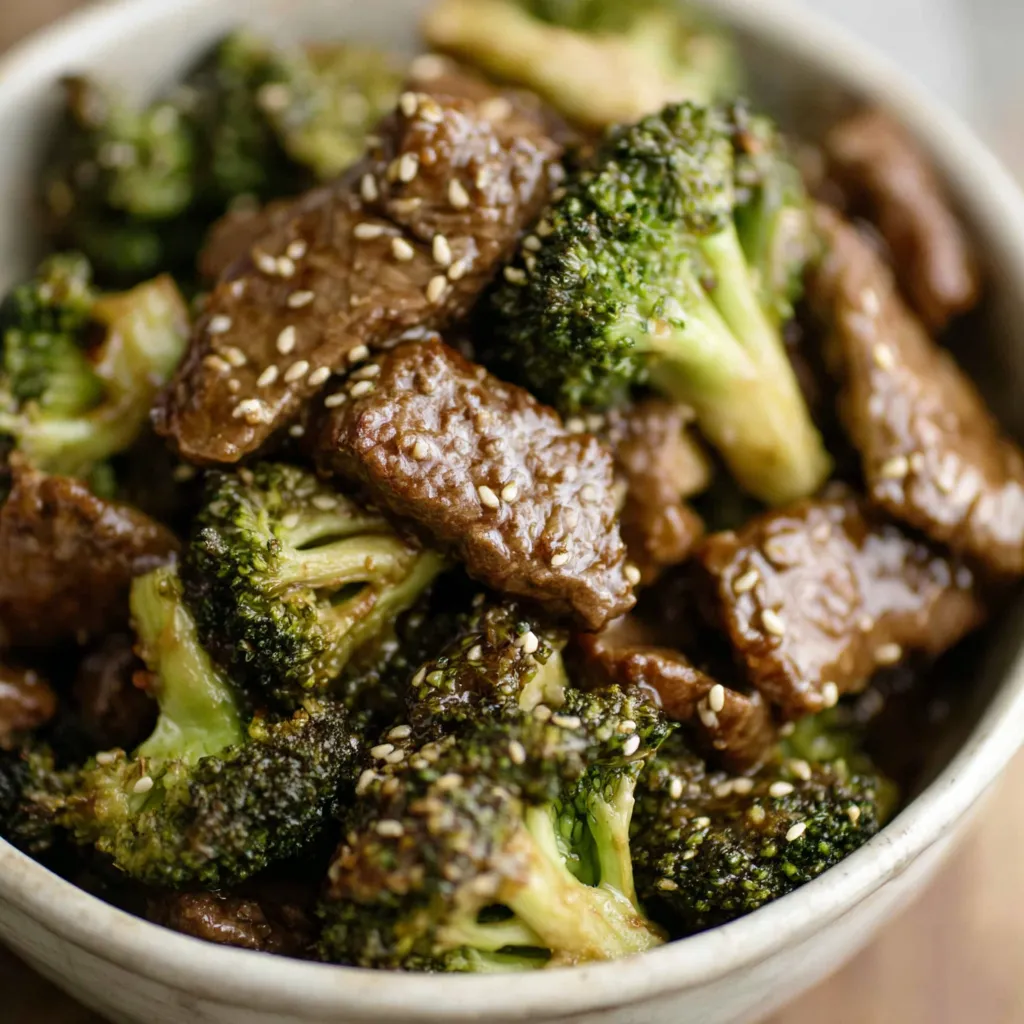 Delicious Chinese Beef and Broccoli Close-up view of delicious homemade Chinese Beef And Broccoli, showcasing the tender beef and vibrant green broccoli.