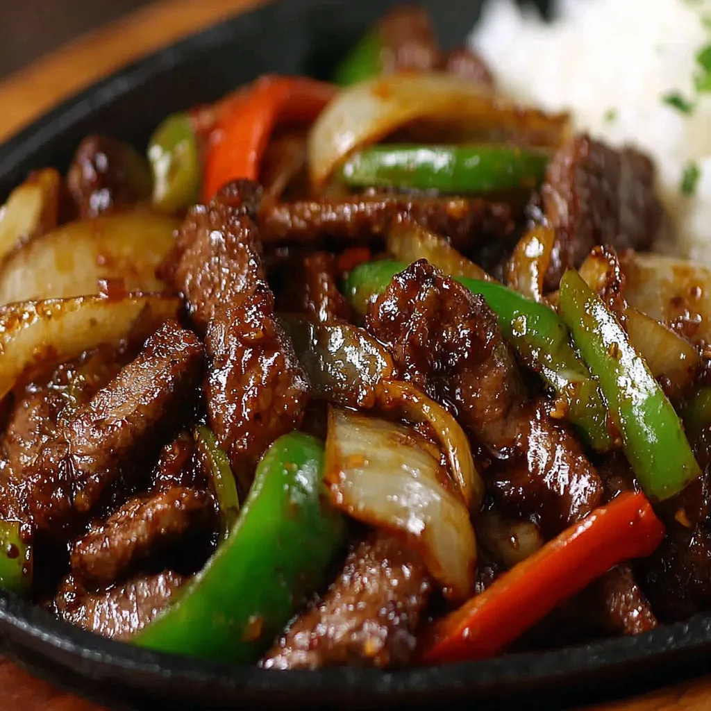 Authentic Chinese Pepper Steak Recipe Close-up of delicious Chinese Pepper Steak served on a white plate.