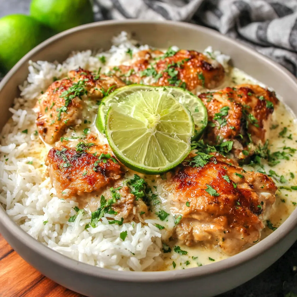 Close-up shot of freshly prepared Coconut Chicken And Rice, showcasing the creamy sauce and fluffy rice.