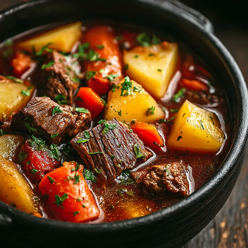 Close-up of hearty Crock Pot Beef Stew served in a bowl.