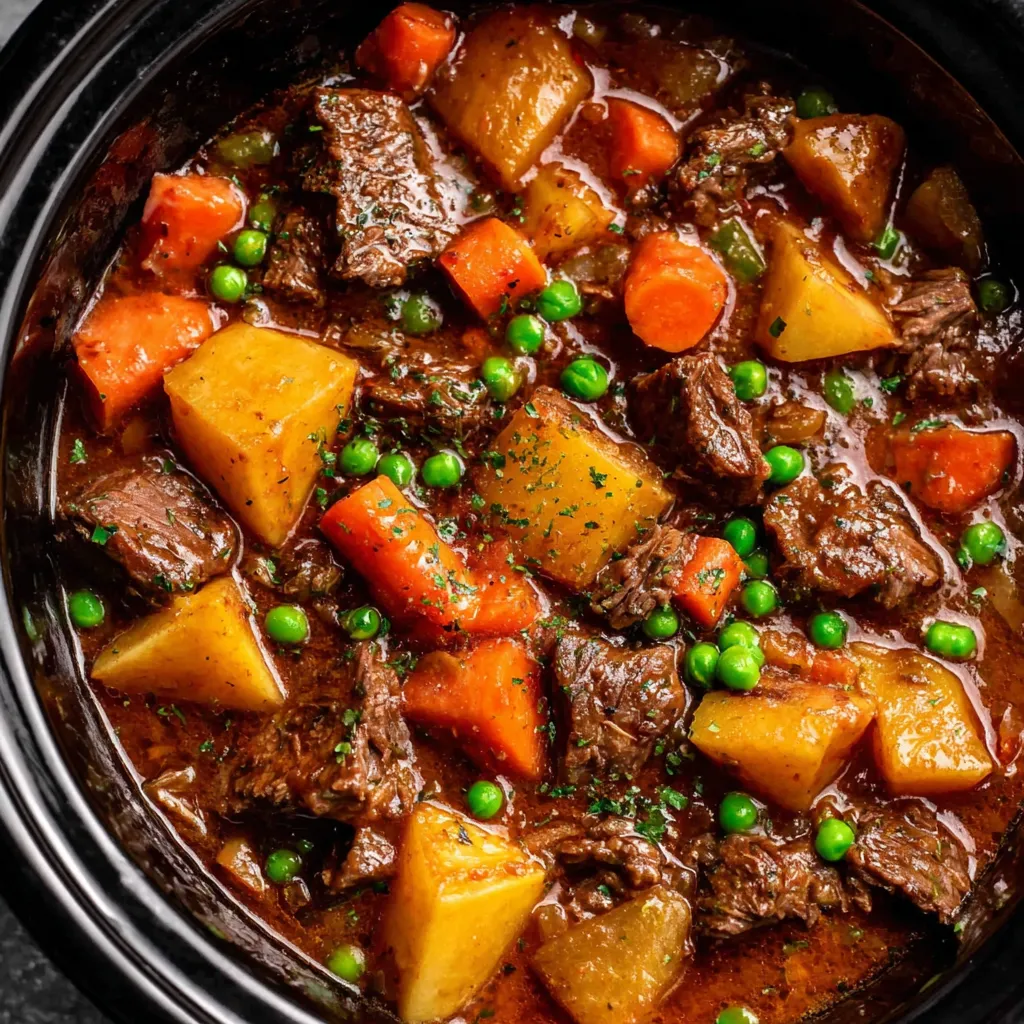 A close-up view of hearty Beef Stew, showcasing the tender beef and colorful vegetables.
