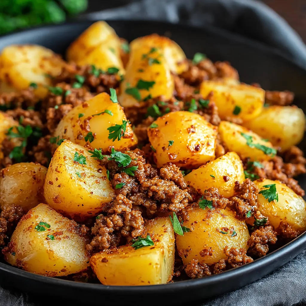 A close-up shot of a freshly cooked Ground Turkey Potato Skillet, showcasing its golden-brown potatoes and savory ground turkey.