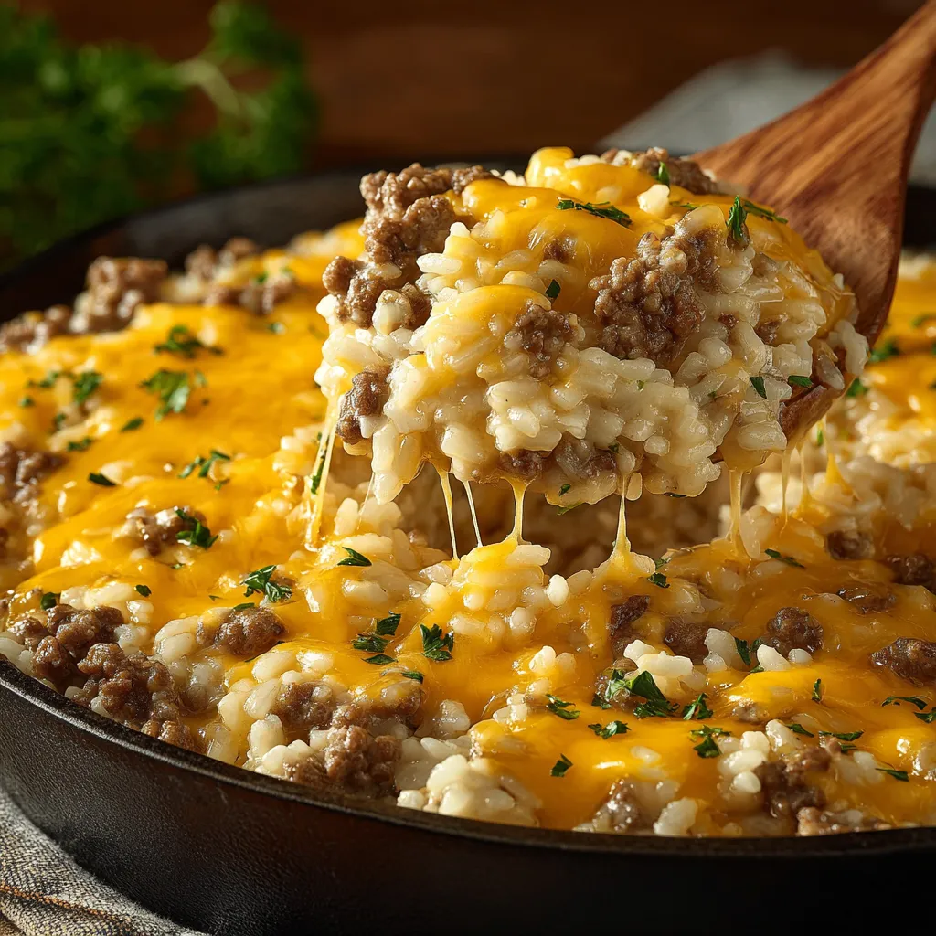Close-up view of a freshly baked Hamburger Rice Casserole, showcasing its cheesy topping and savory filling.