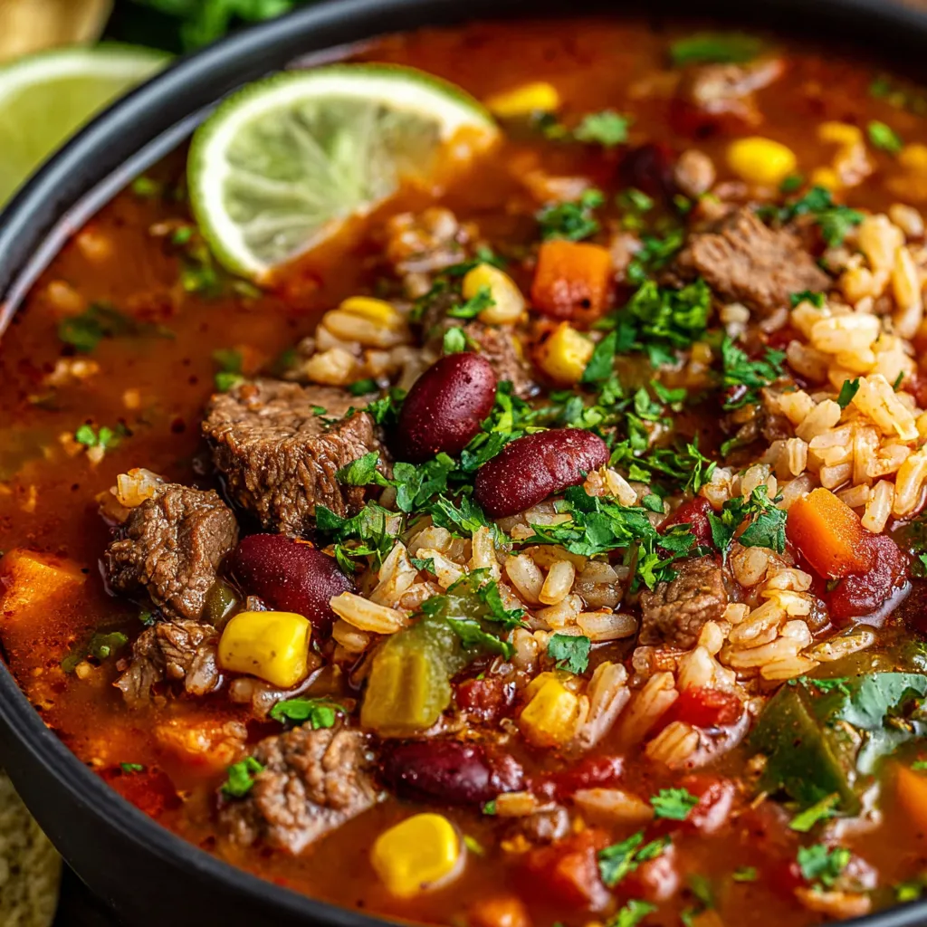 Close-up of savory Mexican Beef & Rice Soup in a bowl, showcasing the rich broth and colorful ingredients.