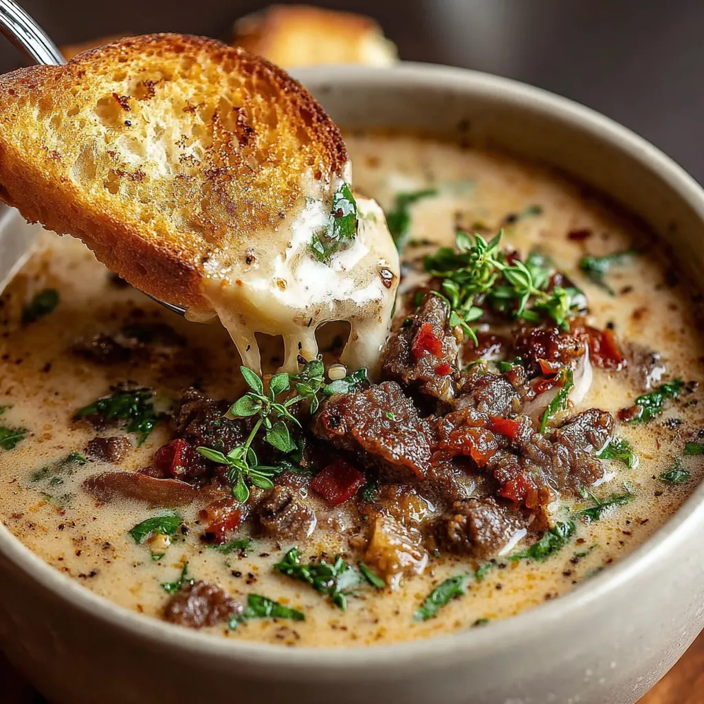Philly Cheesesteak Soup Bowl Close-Up Close-up of a bowl of creamy Philly Cheesesteak Soup, showcasing its rich texture and flavorful toppings.