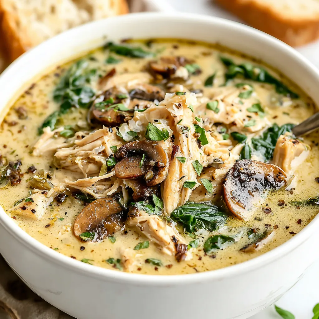 Close-up of creamy Rotisserie Chicken Mushroom Soup in a white bowl, showcasing mushrooms and shredded chicken.