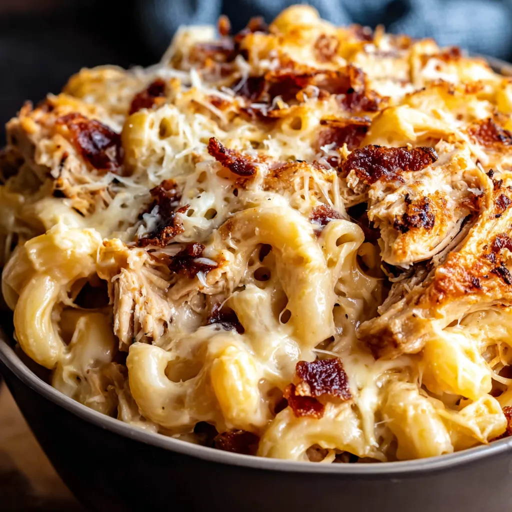 Close-up of creamy Shredded BBQ Chicken Mac and Cheese, showcasing its cheesy texture and barbecue sauce drizzle.