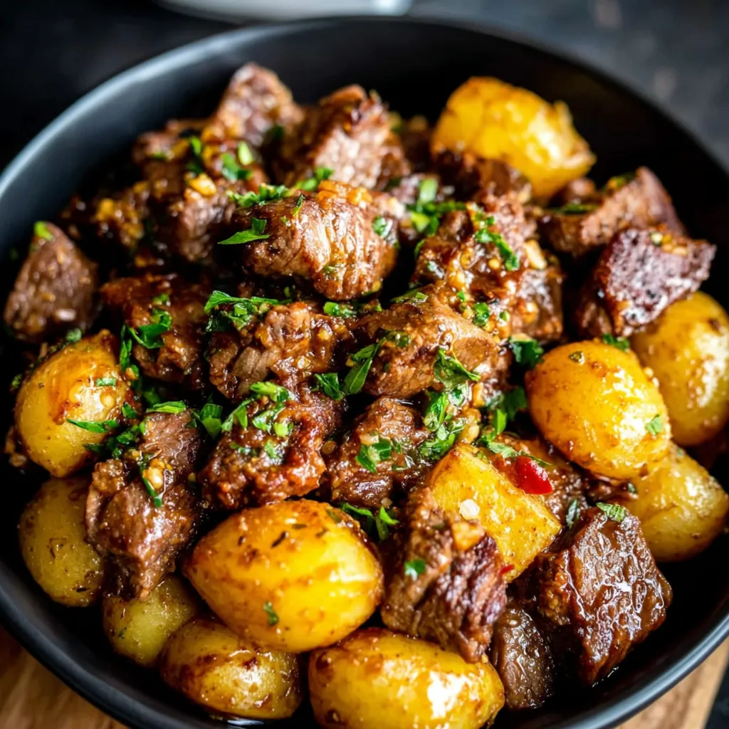 Close-up view of a serving of tender Slow Cooker Garlic Butter Beef Potatoes, showcasing the juicy beef and flavorful potatoes.