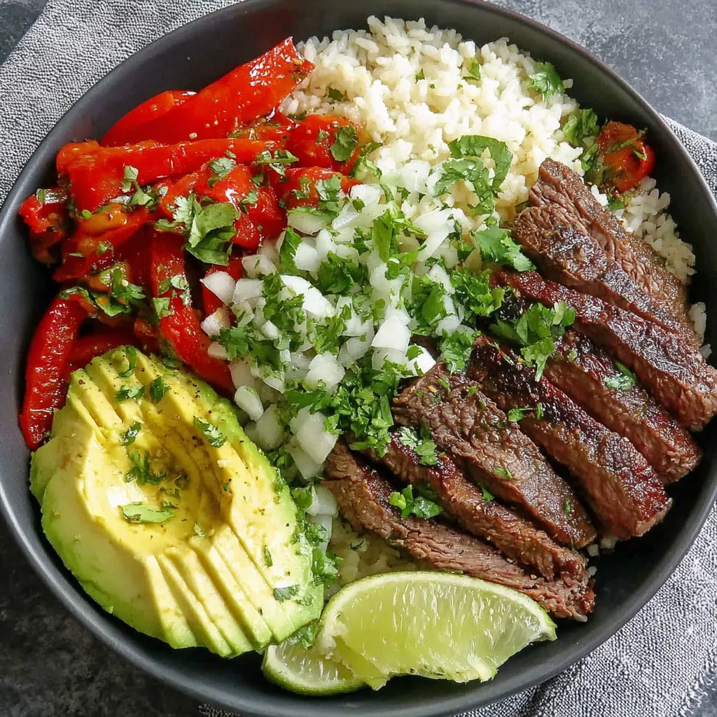 Steak Fajita Bowl Recipe Close-Up A delicious Steak Fajita Bowl is shown with seasoned steak, colorful bell peppers, onions, and toppings.