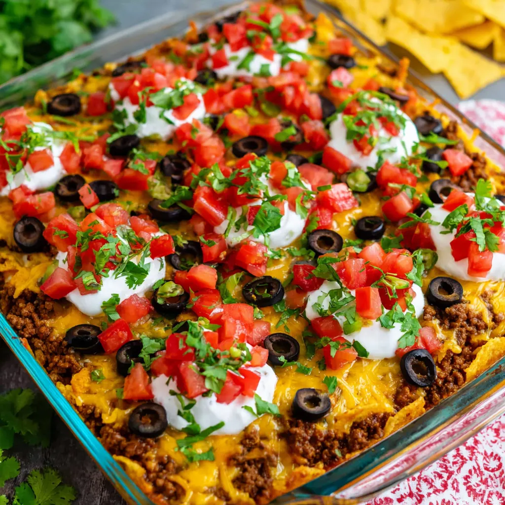 A close-up shot showing a portion of the assembled Walking Taco Casserole, ready to be served.