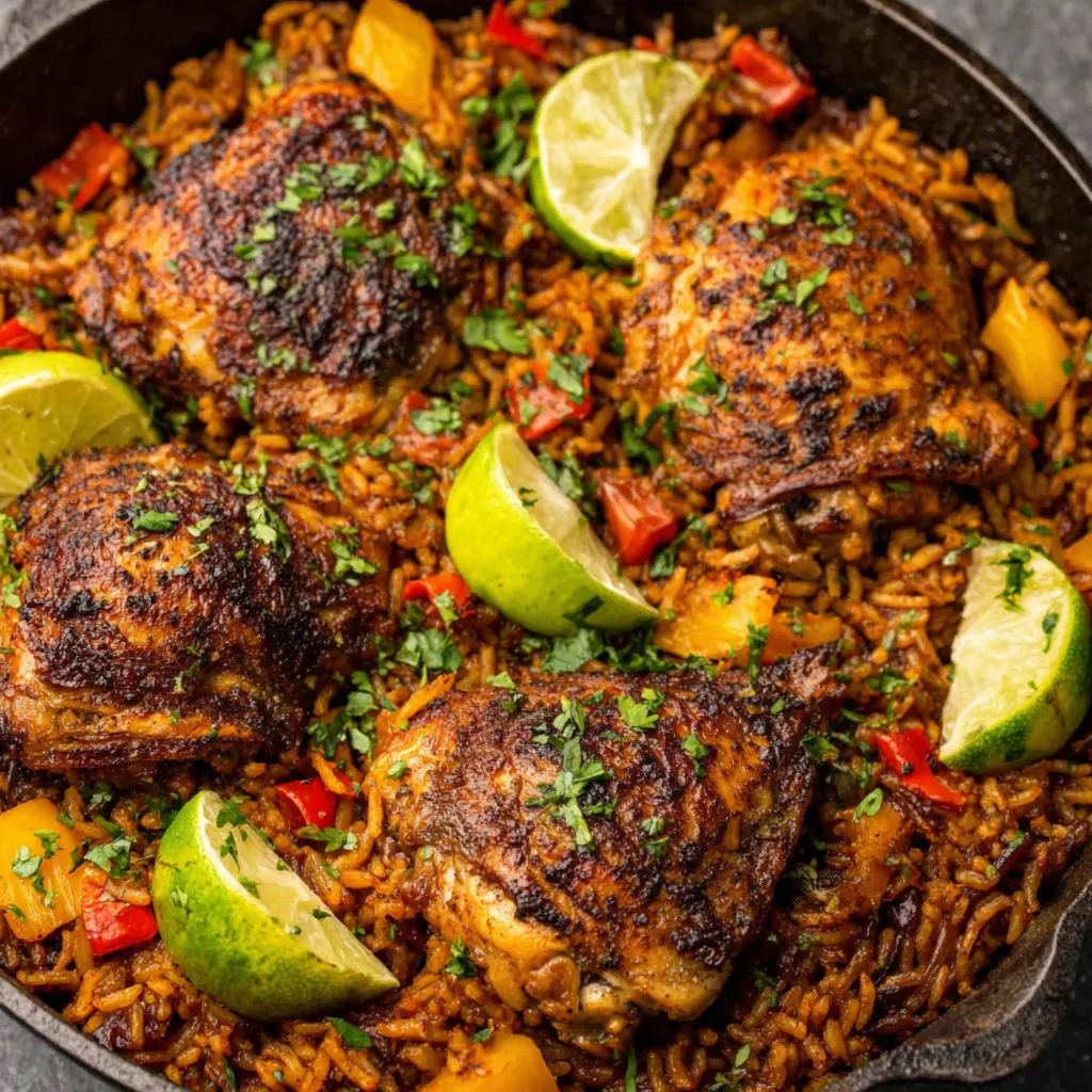 Close-up shot of flavorful Caribbean Chicken and Rice, showcasing the vibrant colors and textures of this delicious meal.