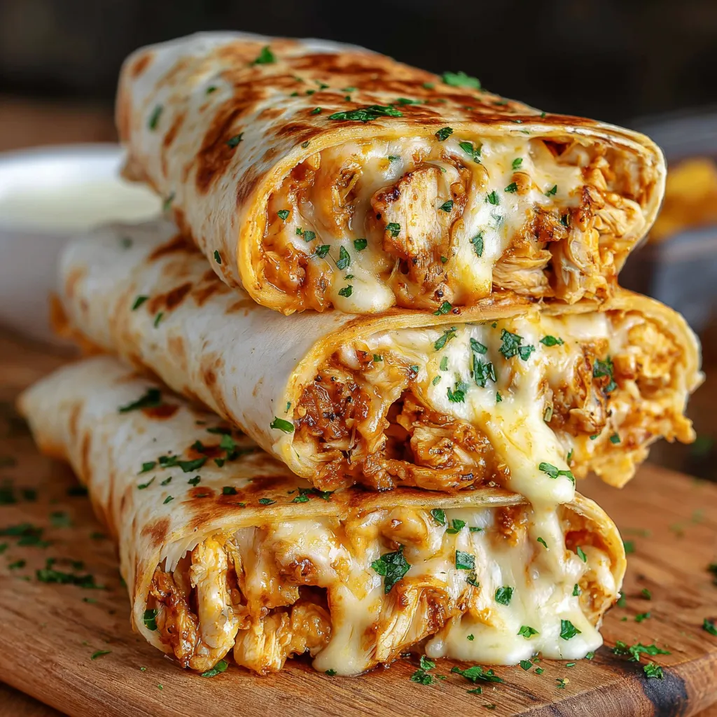 Close-up of delicious Cheesy Garlic Chicken Wraps, ready to eat.