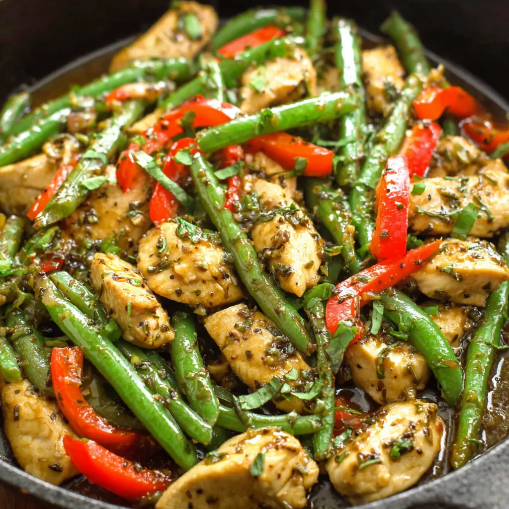 Close-up shot of a vibrant Chicken & Green Bean Stir-Fry, showcasing the tender chicken and crisp green beans.