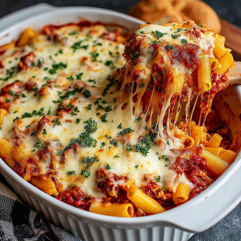 A close-up view showcases a freshly baked Chicken Parmesan Casserole with melted mozzarella cheese and golden-brown breadcrumbs.