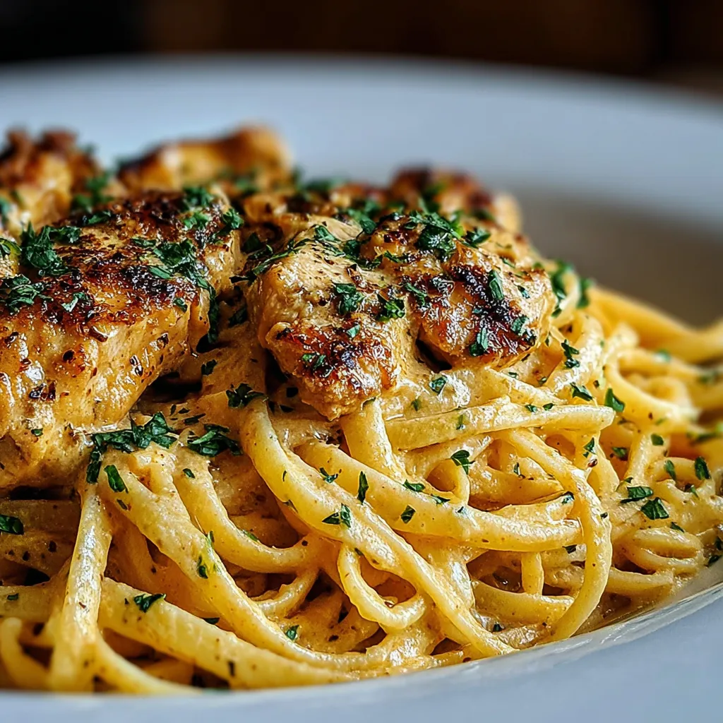 Close-up shot of creamy Cowboy Butter Chicken Linguine, showcasing the tender chicken and vibrant herbs.