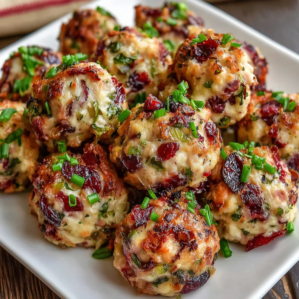 Cranberry Turkey Stuffing Balls Close Up A close-up shot showcases delicious Cranberry Turkey Stuffing Balls, highlighting their textures and ingredients.