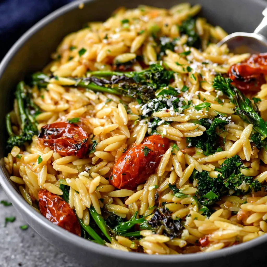 Close-up of a serving dish filled with Creamy Baked Orzo, showing its creamy texture and golden-brown baked top.