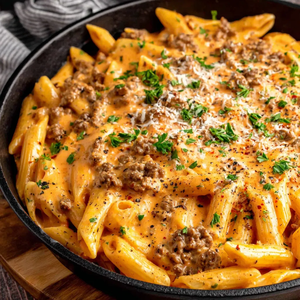 Close-up shot of a plate of freshly made Creamy Beef Pasta, showcasing the rich sauce and tender beef.