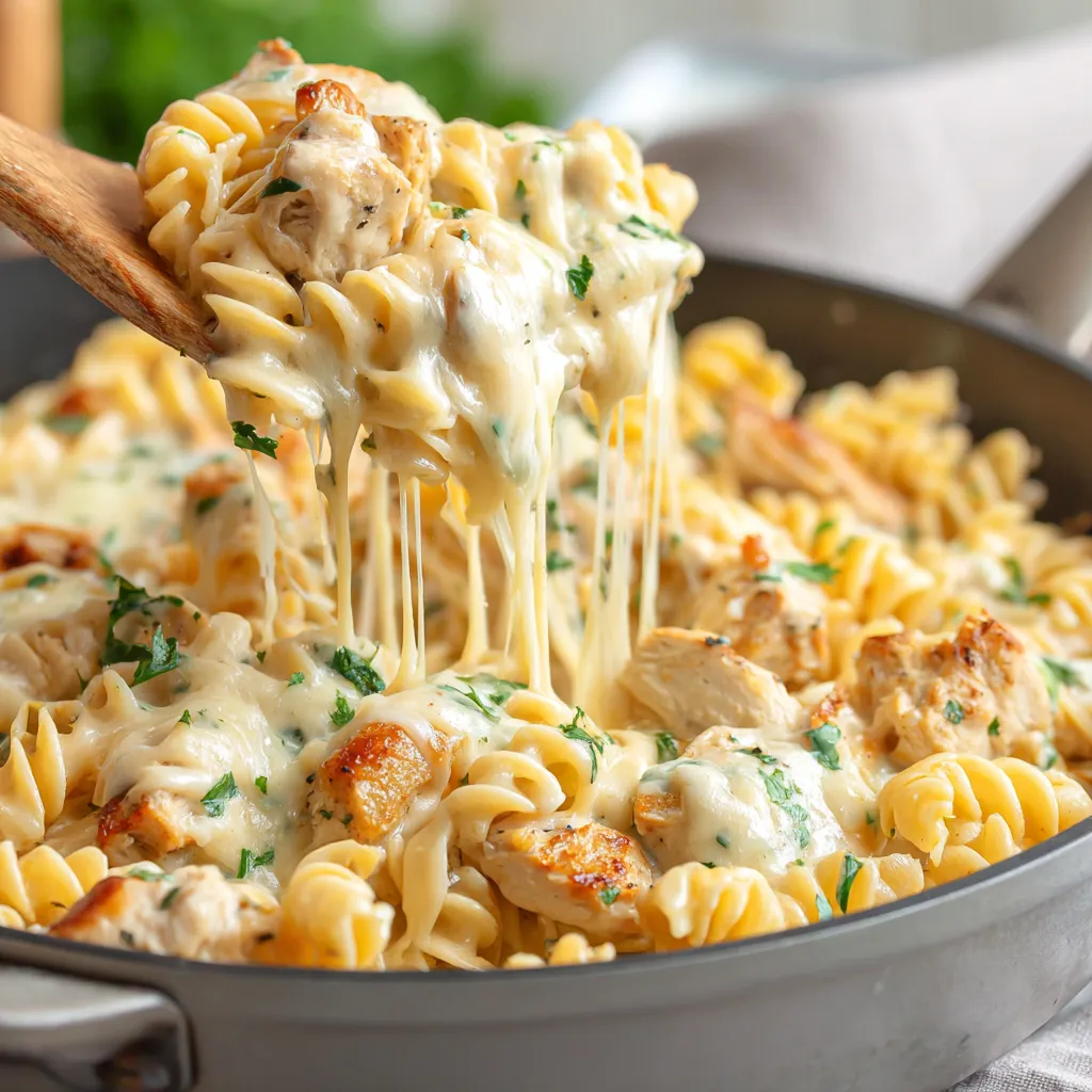 Creamy Cheesy Chicken Pasta Recipe Close-up of creamy, cheesy chicken pasta showcasing the cheesy sauce and tender chicken pieces.