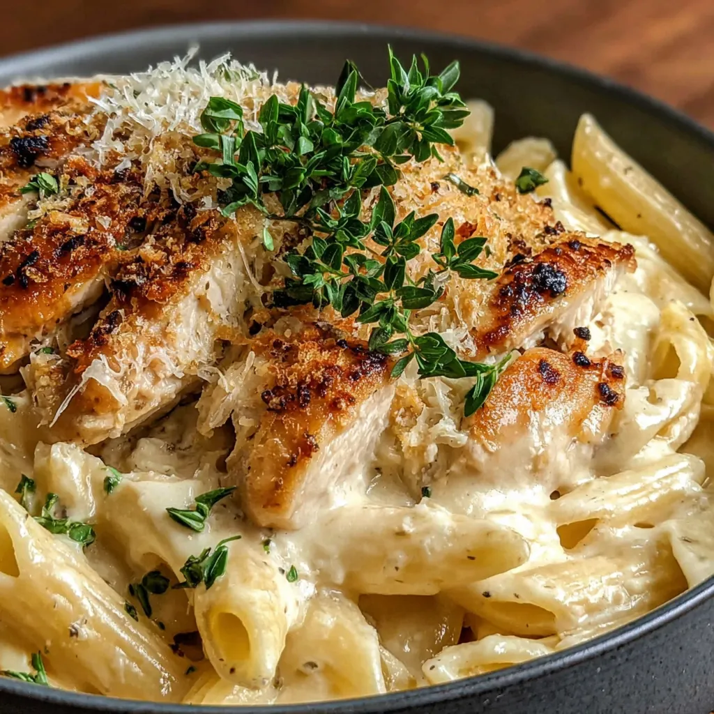 Creamy Crack Chicken Penne served in a white bowl shows a close-up of the creamy pasta dish.