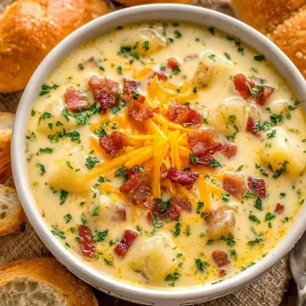 Creamy Crock Pot Potato Soup Bowl Creamy Crock Pot Potato Soup is pictured in a white bowl, showcasing its rich and creamy texture.