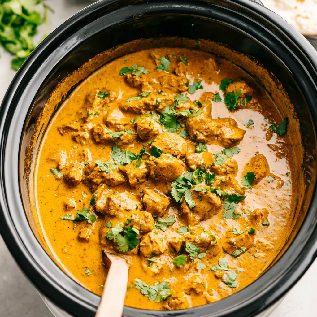 Creamy Crockpot Butter Chicken simmers in a crockpot, showcasing its rich and creamy sauce.