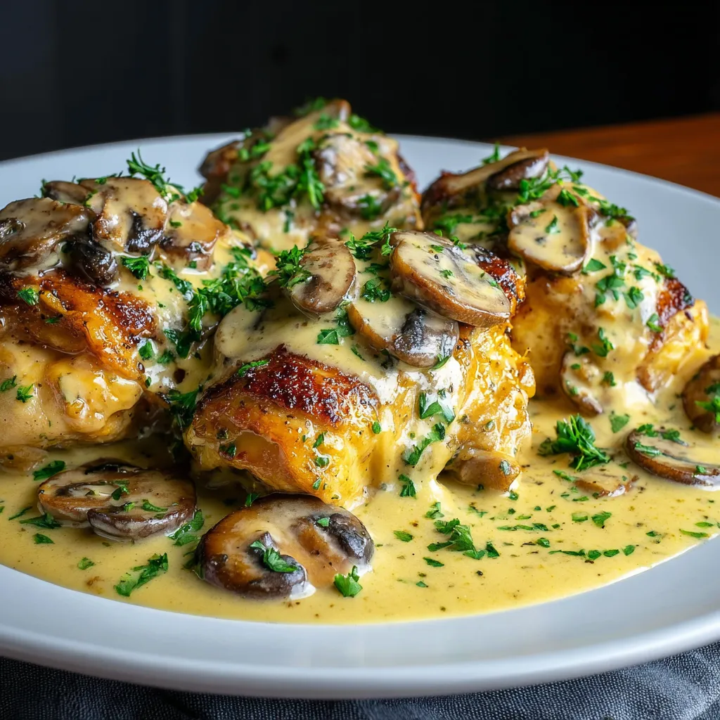 Creamy Garlic Mushroom Chicken Thighs, served with a creamy sauce, are shown in a close-up shot as part of a recipe article.