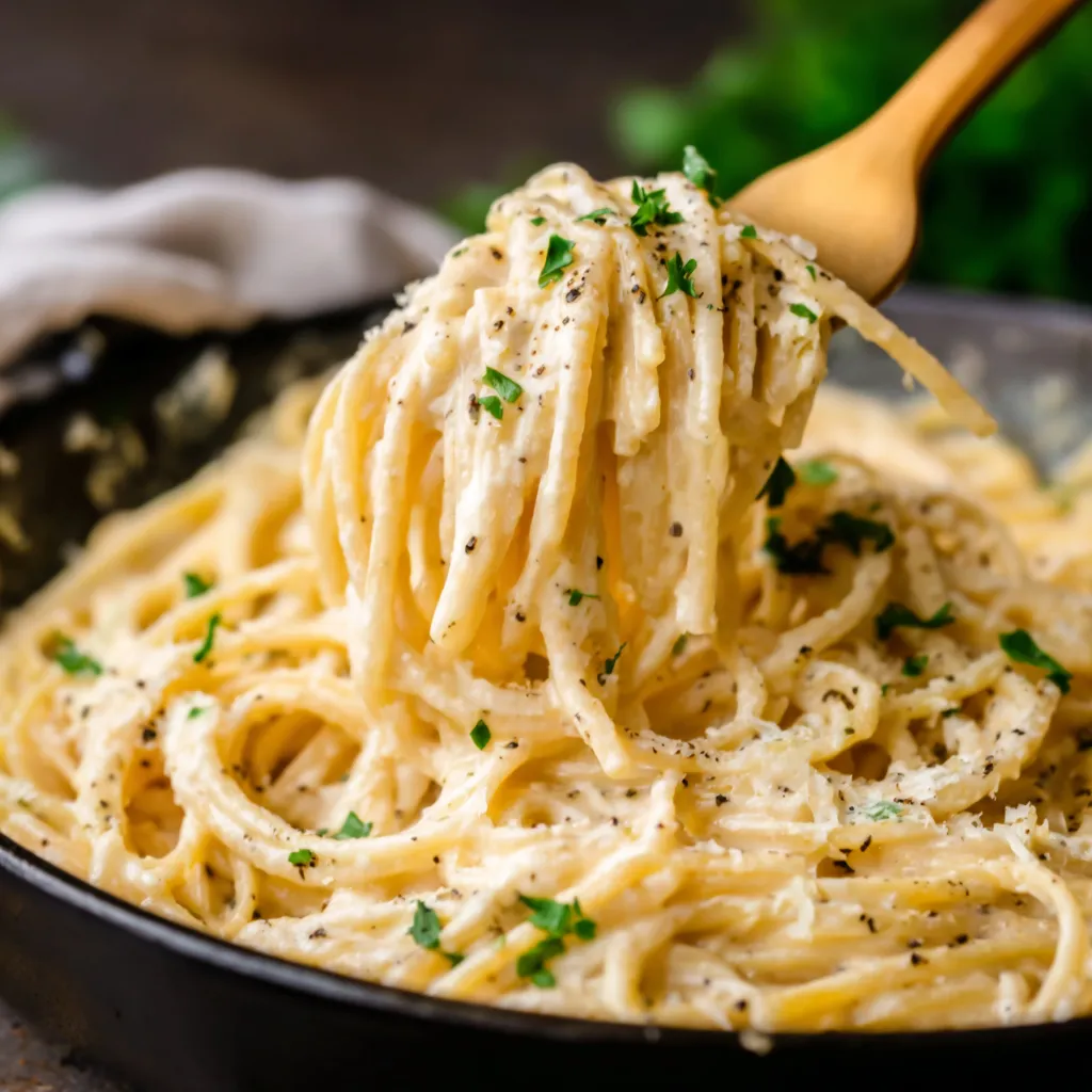A close-up shot showcases a delicious plate of Creamy Garlic Parmesan Spaghetti, highlighting the creamy sauce and perfectly cooked pasta.