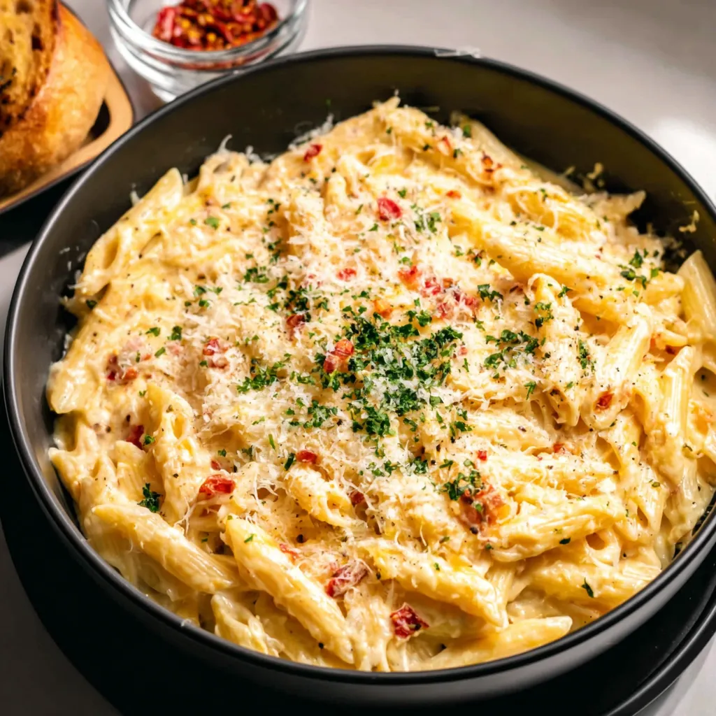 Close-up shot of a fork twirling a generous serving of Creamy Garlic Pasta, showcasing its rich sauce and texture.