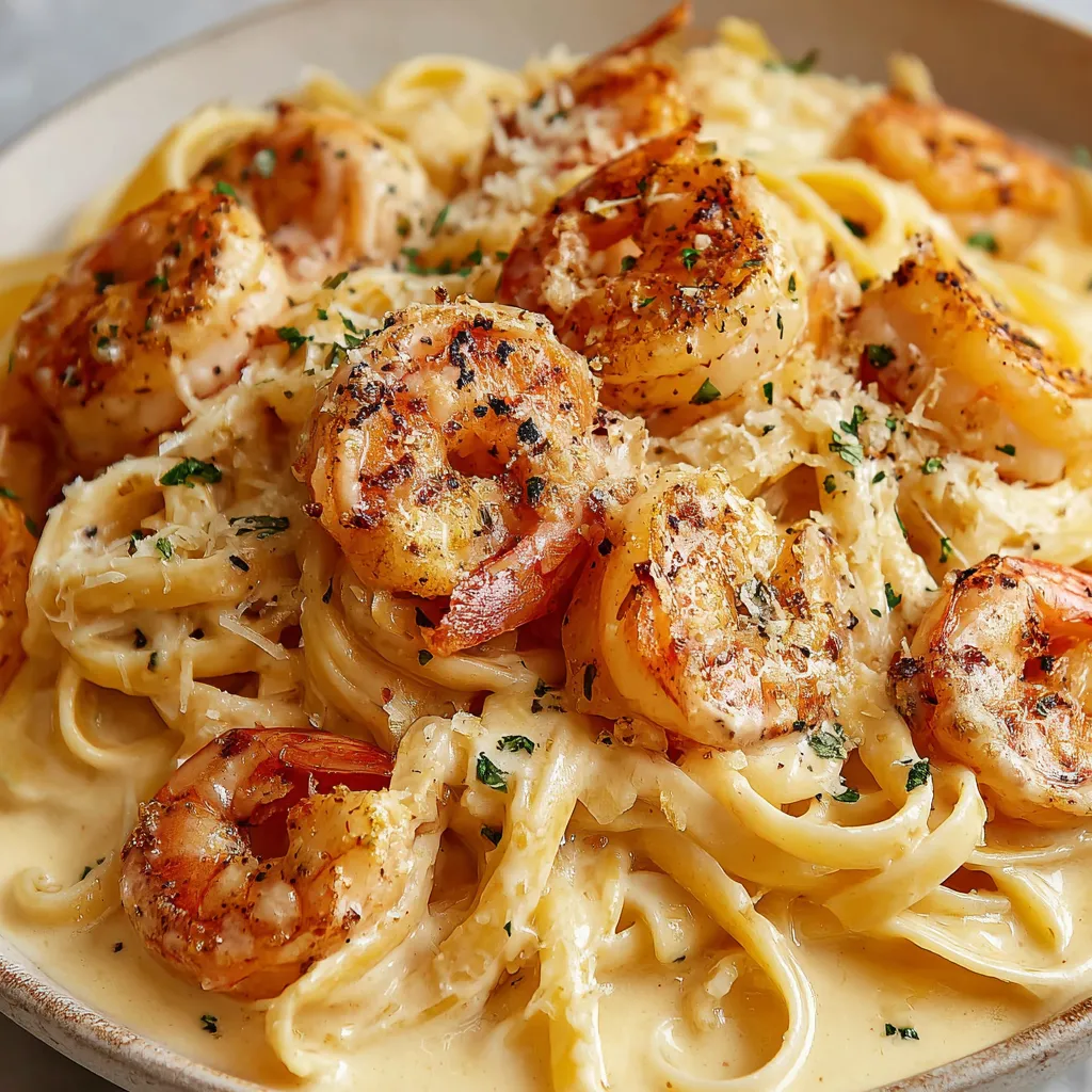 Creamy Garlic Shrimp Pasta, glistening with sauce, is pictured as a second enticing image in this delicious recipe article.