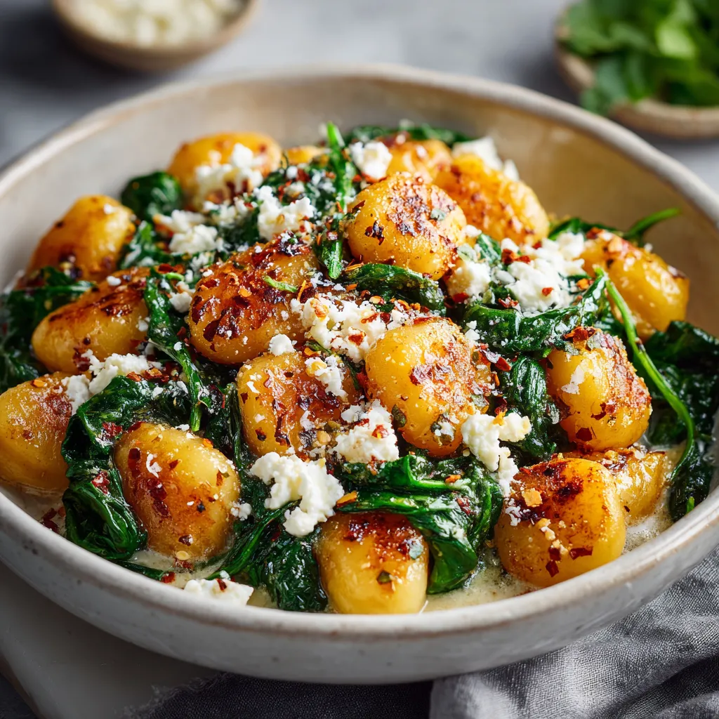 Close-up shot of Creamy Gnocchi With Spinach And Feta, showcasing its creamy sauce and vibrant green spinach.