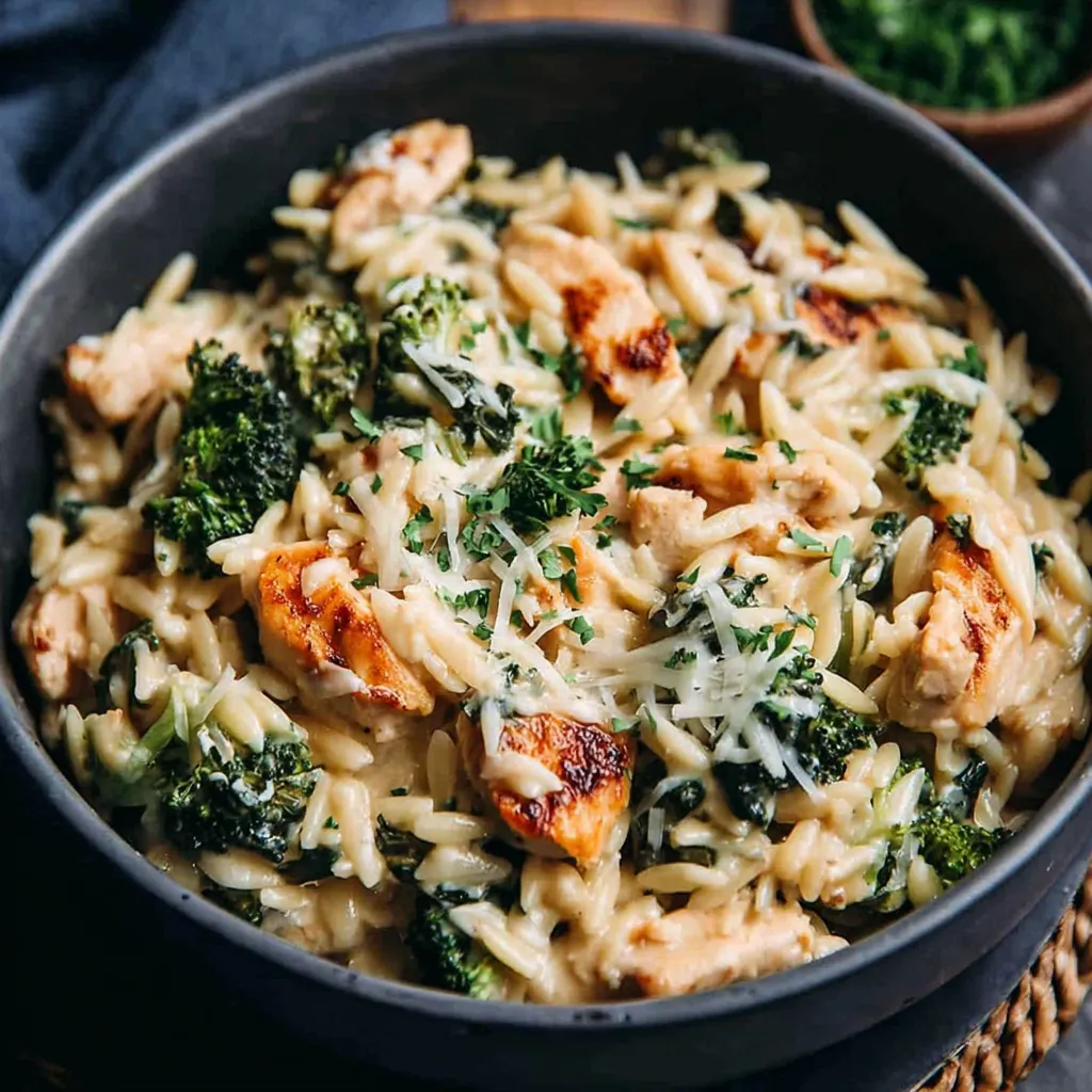 Close-up shot of delicious Creamy Marsala Chicken Orzo ready to eat.